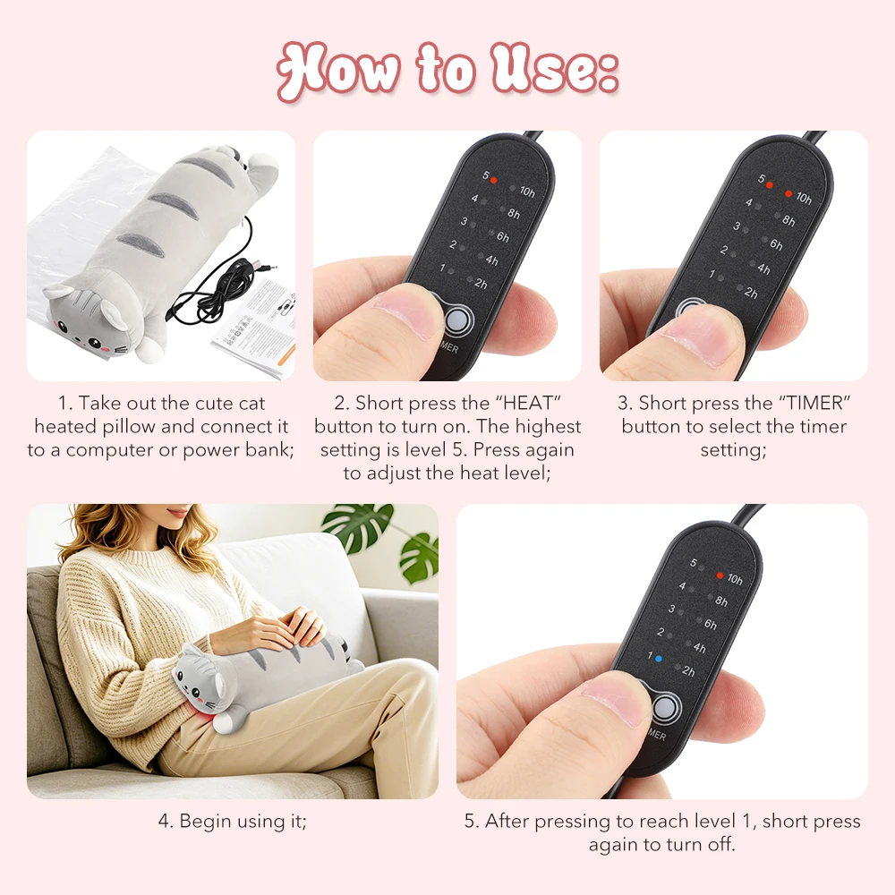 Heated Pillow USB Cat Plush Heating Pad 5 Temperature Timer Washable Warm Cushion for Bed Sofa Office Winter Gift