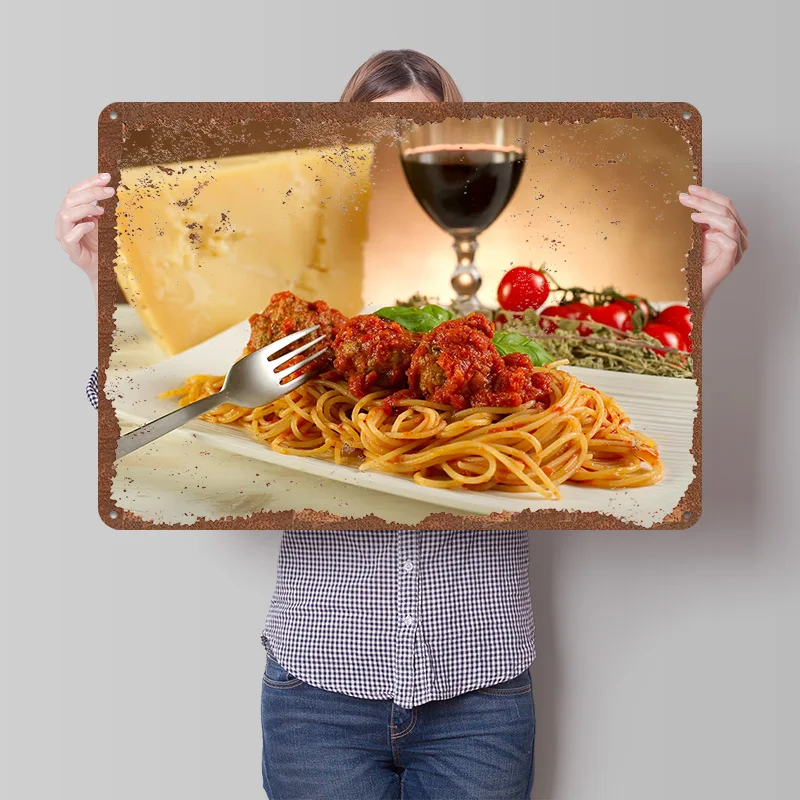Spaghetti With Meatballs and Red Wine Metal Poster Customized Wall Art Retro Vintage Tinplate Signs for Man Cave Bathroom Decor