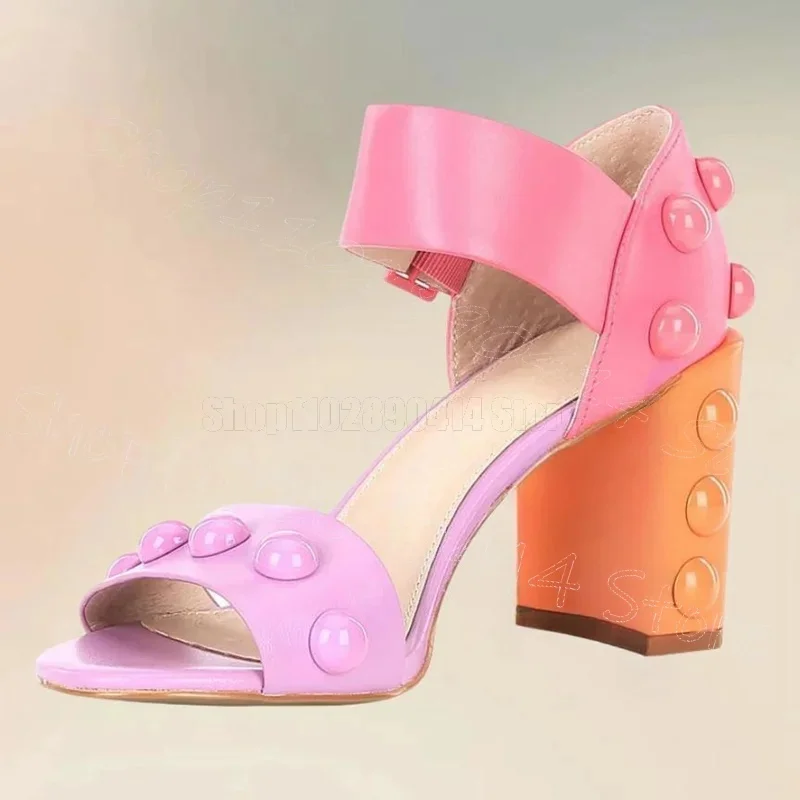 컬러풀한 라운드 리벳 디자인 오픈 토 샌들 버클 스트랩 여성 신발 청키 하이힐 파티 데이트 2025 여성용 신발