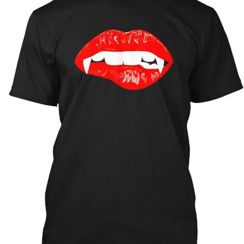 Red Female Lips With Vampire Fangs Halloween Horror T-Shirt Made in USA S to 5XL