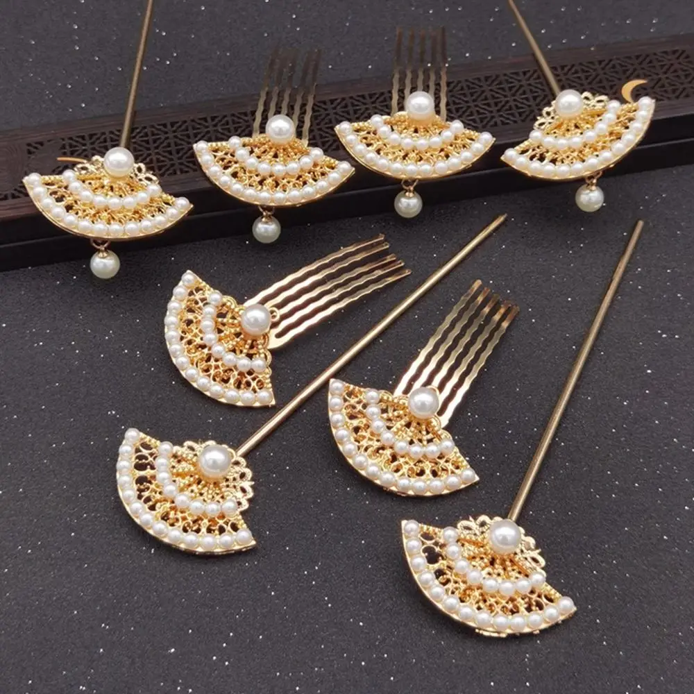 

New Chinese Style Retro Exquisite Pearl Fan Shape Hairpin Hair Sticks Temperament Simple Hanfu Ancient Style Cheongsam Headdress