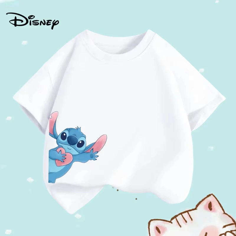 

Summer Solid Clothes Kid Boy Disney Stitch Printed Short Sleeve T-shirts Children Cartoon O-Neck Soft Breathable Top