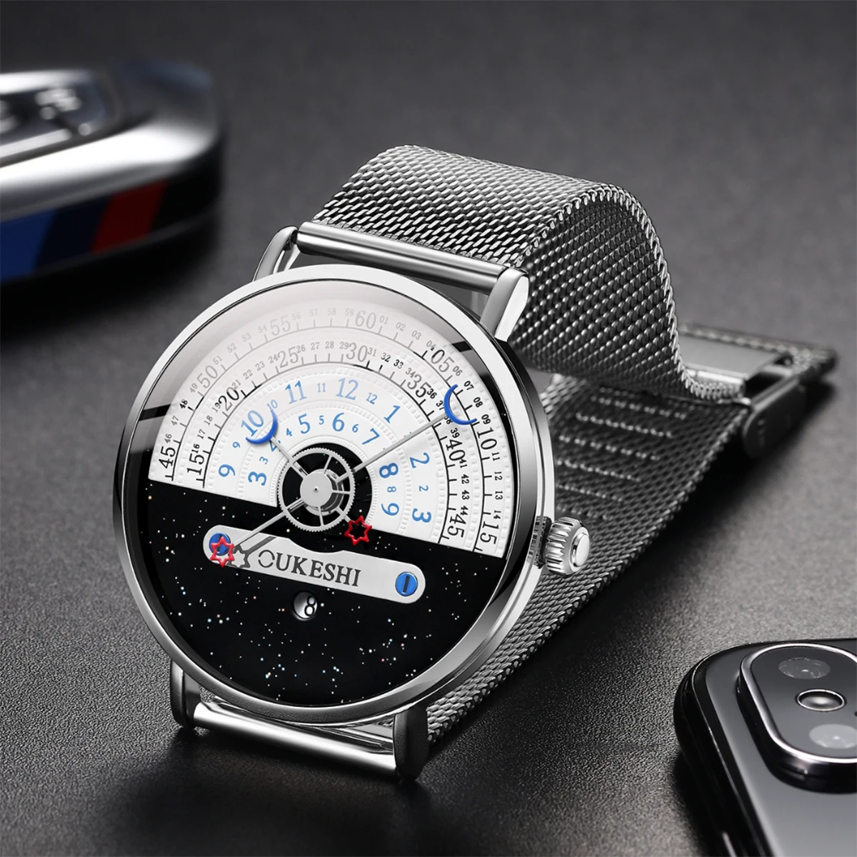 

Роскошные мужские деловые часы с сетчатым ремешком, модные кварцевые наручные часы с календарем для мужчин, Reloj Hombre