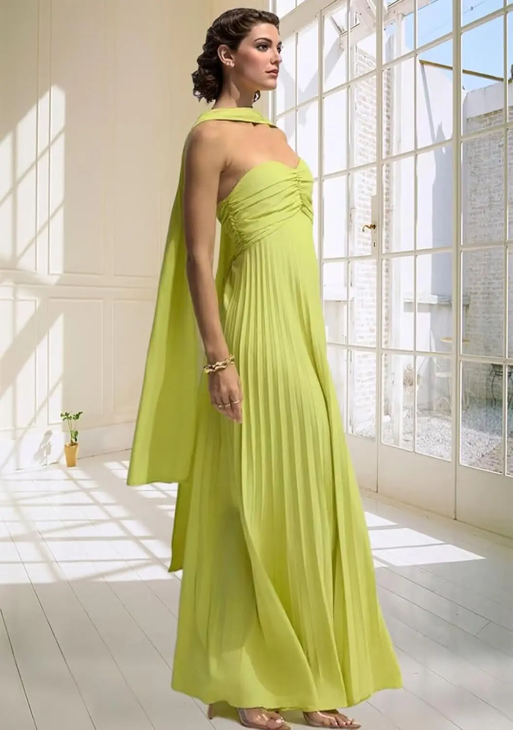 ชุดเพื่อนเจ้าสาวผ้าชีฟองยาวทรงพลีทพร้อมผ้าพันคอ ทรงเอไลน์ สายเดี่ยว ชุดราตรีสำหรับแขกในงานแต่งงาน ชุดราตรีงานเลี้ยง ชุดออกงานพรอม