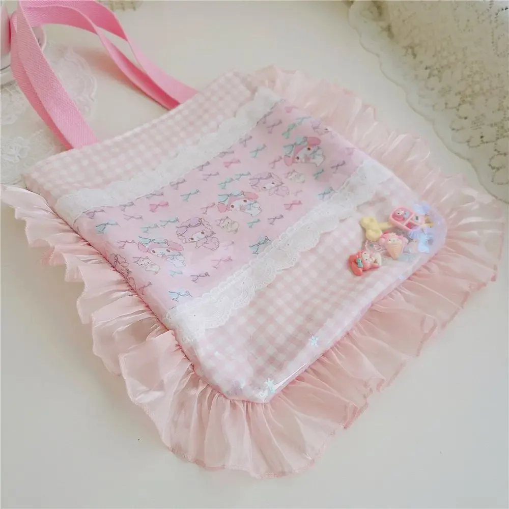 Sanrio My Melody Shoulder Storage Bag Kawaii Cartoon Large Capacity Cosmetic Bag Cute Lace Girly Heart Handmade Quicksand Bag image 4