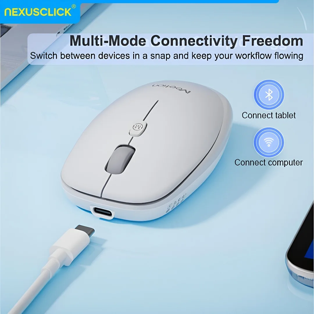 NexusClick Rechargeable Silent Lightweight Wireless Mouse, Dual Mode,6-Level DPI,500mAh Battery,No Mouse Pad Needed,For PC MacOS