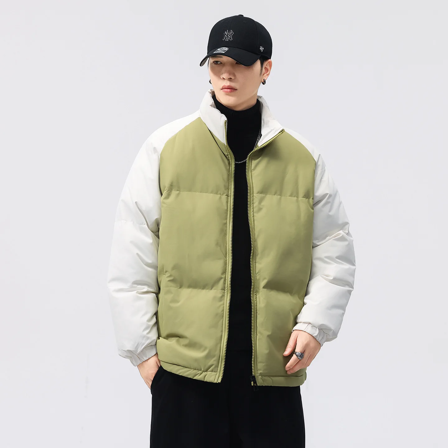 

Man Down Coat Winter Thicken Warm Contrast Color Male Jacket Stand Collar Long Sleeve Zipper Windproof Loose Men Outerwear