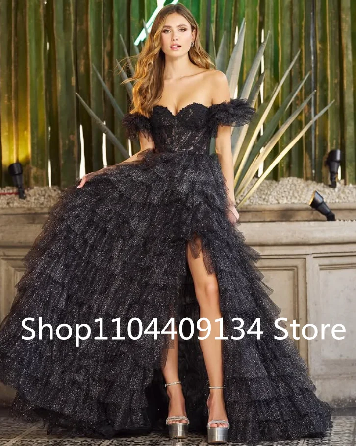 ブラックキラキラプリンセスオフショルダーウエディングドレスギルターフリルスカートハイスリットレースコルセットトップイブニングパーティードレスカスタムサイズ