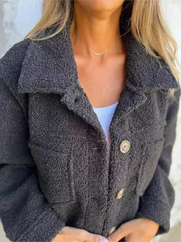 Mantel Jaket Solid Kasual untuk Wanita Mantel Jaket Kerah Lipat Kancing Lengan Panjang Mode Pakaian Wanita Musim Gugur Musim Dingin