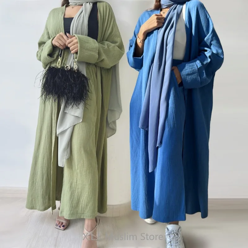 Muslim Set Two Piece Cotton Abaya Open Front Kimono Abayas Cardigan Maxi Dress Casual Kebaya Islamic Kaftan Outwear Jalabiya