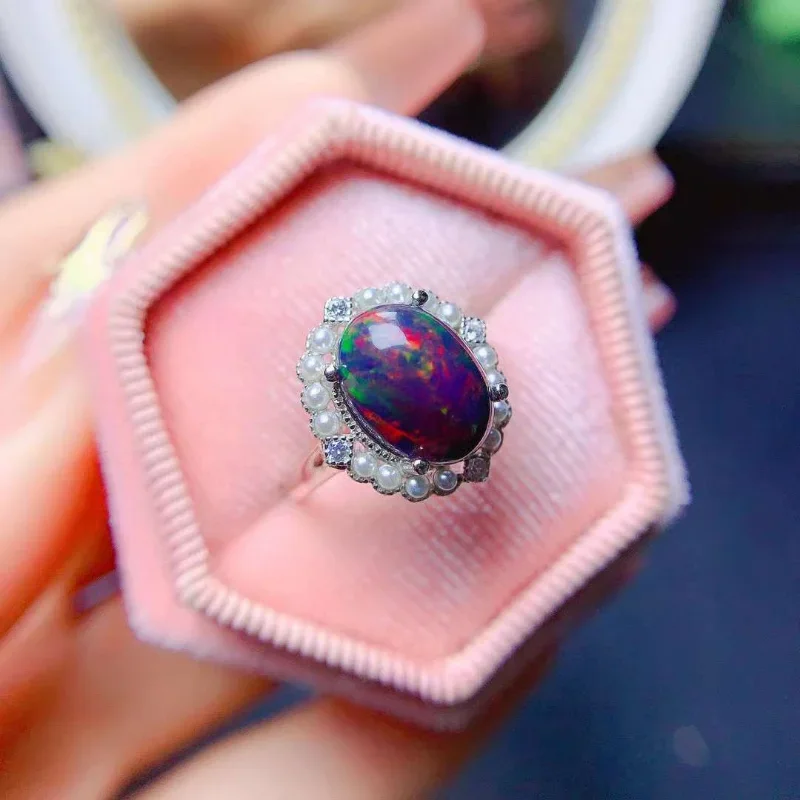 Natural Australia Black Opal Ring 8*10MM Gemstone 925 Sterling Silver Jewelry for Women Wedding Engagement Gift