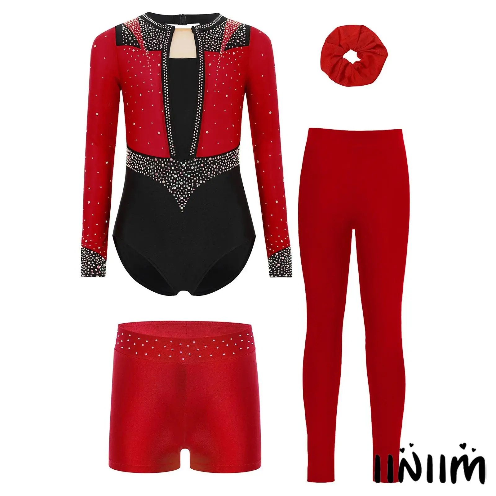 

4 Pieces Girls Gymnastics Figure Skating Outfit Long Sleeve Keyhole Back Sparkly Rhinestones Leotard+Shorts+Leggings+Hairband