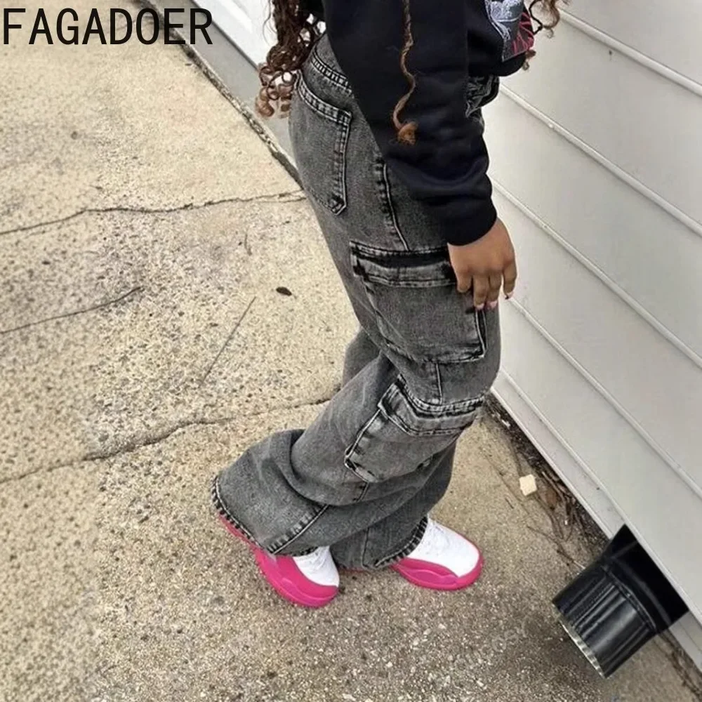 FAGADOER Retro Grey Denim Pants Womens Zipper High Waist Cargo Pocket Straight Jeans Female Y2K Streetwear Bottoms Autumn New