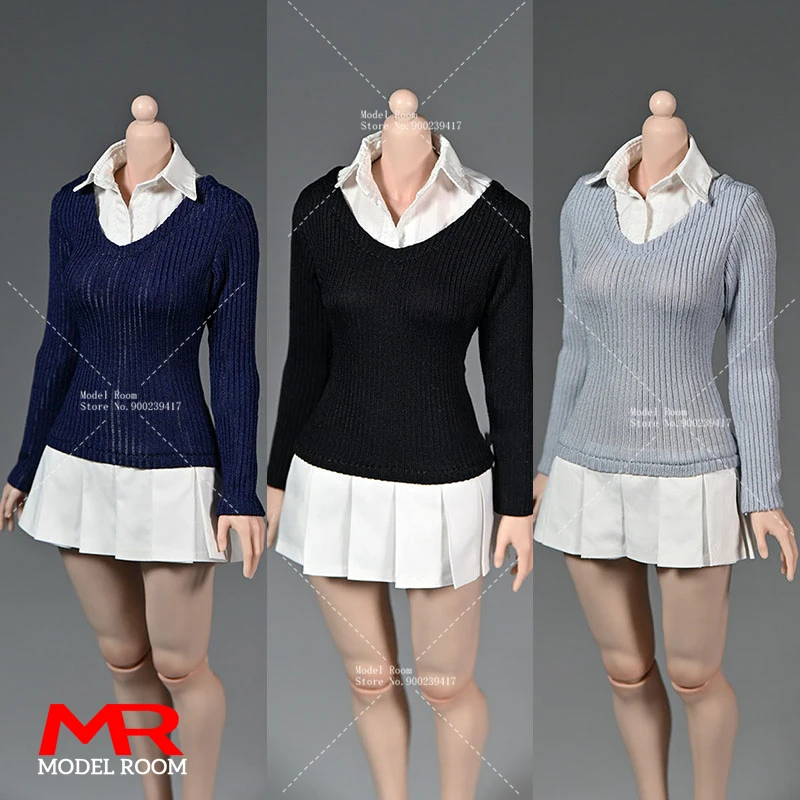 

1/6 Scale Female College Style Splicing Fake Two Pieces Knit T-shirt Clothes Model Fit 12'' Soldier Action Figure Body Dolls