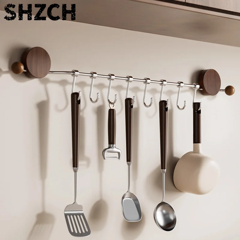 Walnut Kitchen Hooks Multi-Functional Utensil Rail Spatula Spoon Organizer Wall Mounted Storage Rack Row Style Pot Lid Holder