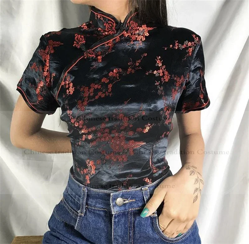 

Рубашка в китайском стиле, жаккардовая блузка с цветочным принтом, Chesongam, черная верхняя одежда Qipao, женская мода, топ Hanfu, китайская одежда, большие размеры