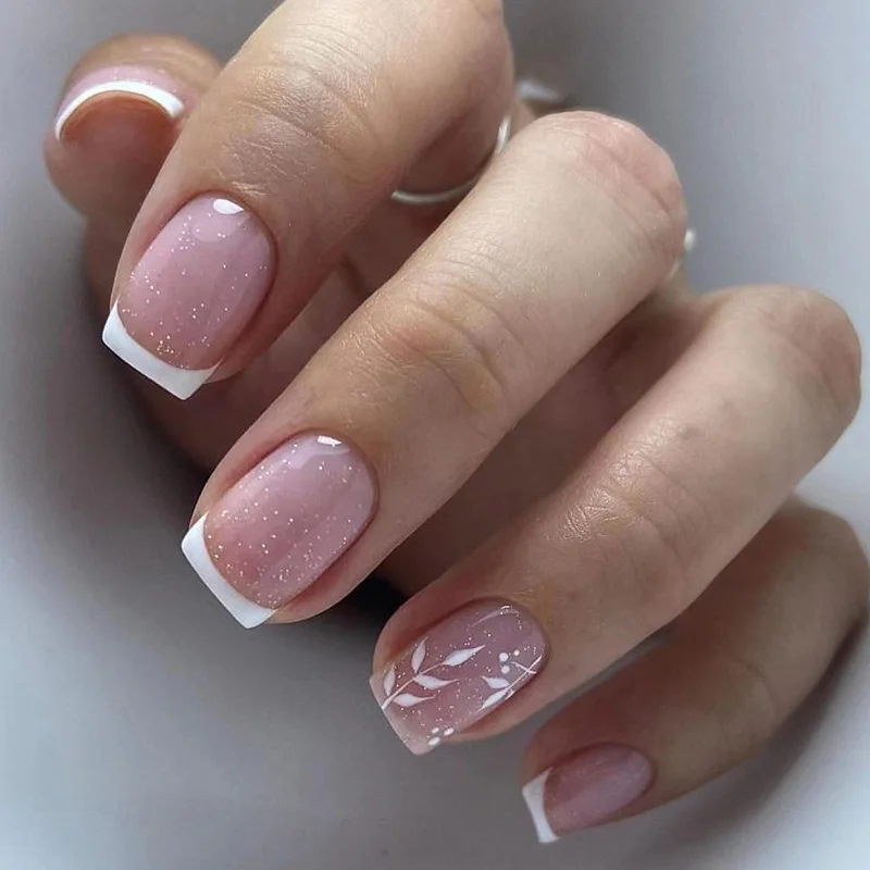 Uñas postizas cortas y sencillas, uñas acrílicas cuadradas con purpurina francesa, color blanco, decoración barata, 24 piezas