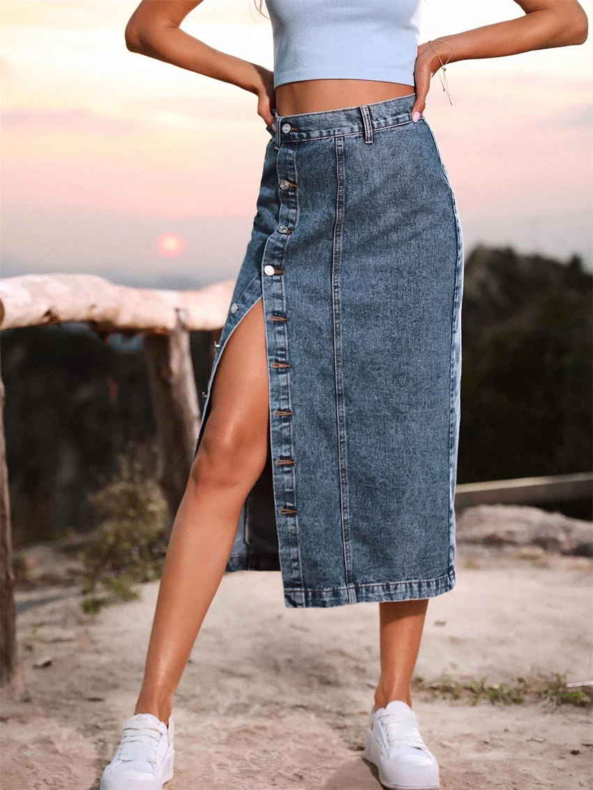 FICHOR Maxi Jeans Skirt Women Denim Long Skirts Summer 2023 Vintage Maxi Skirt Side Split Denim Skirt Women Long Korean