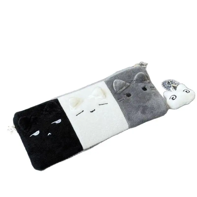Kawaii Cartoon Black White Grey Color Blocked Plush Pencil Case Student School Desktop Stationery Large Capacity Storage PenBag