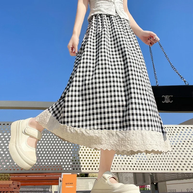 Лесной стиль, клетчатая юбка-миди в студенческом стиле с кружевной отделкой, летняя женская винтажная повседневная юбка средней длины, кружевная лоскутная юбка трапециевидной формы