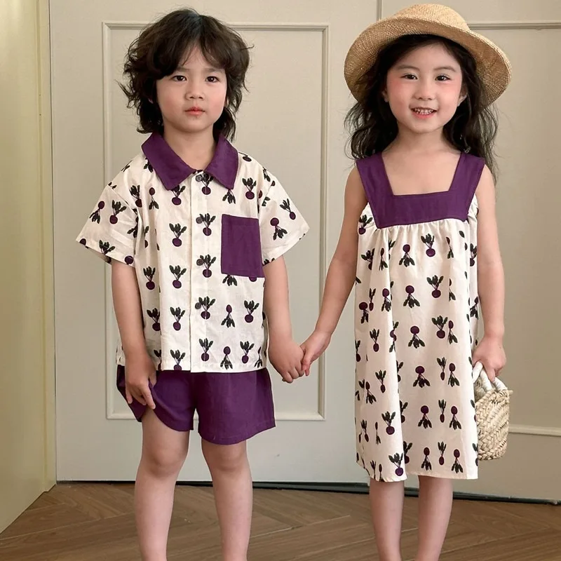 

Summer Brother and Sister Clothes 1-8Y Boys' Lapel Shirt Shorts 2pcs Vacation Style Girls' Printed Suspenders Dress Kid's Outfit