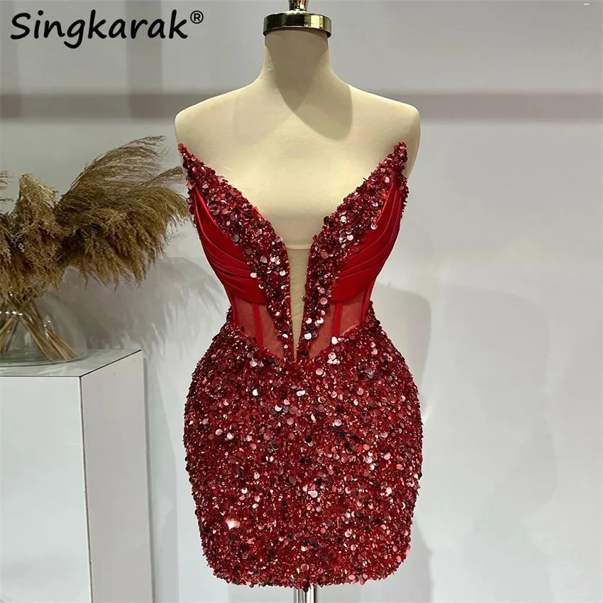 Luxury Red Short Prom Dress 2025 Sequins Birthday Party Robe Mini Cocktail Senior Homecoming Dresses 2025 Customized