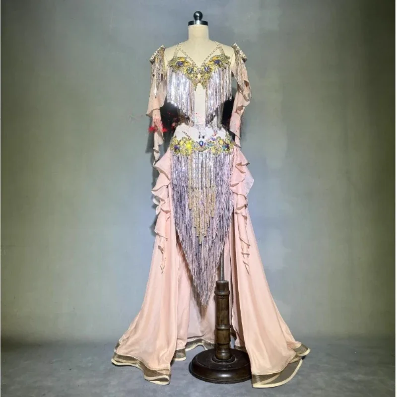 

Belly Dance Performance Suit Outfit for Women Customized Senior AB Stones Bra+Tassel Fishtail Skirt 2pcs Belly Dancing Costumes