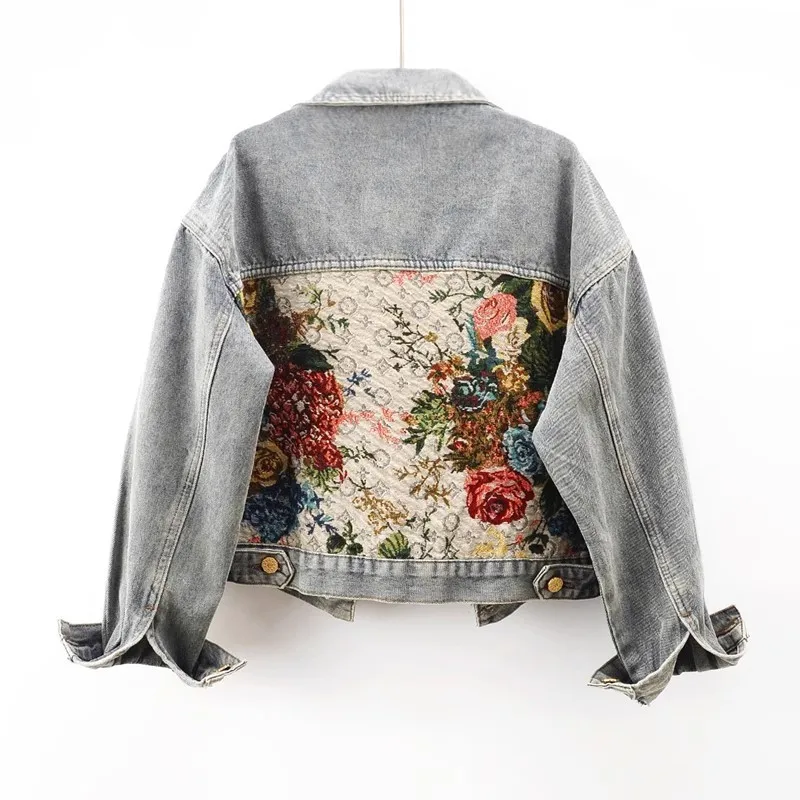 Vintage Blauwe Jacquard Splicing Grote Zak Denim Jas Vrouwen Losse Korte Cowboy Bovenkleding Herfst Nieuwe Koreaanse Jeans Jas Vrouwelijke