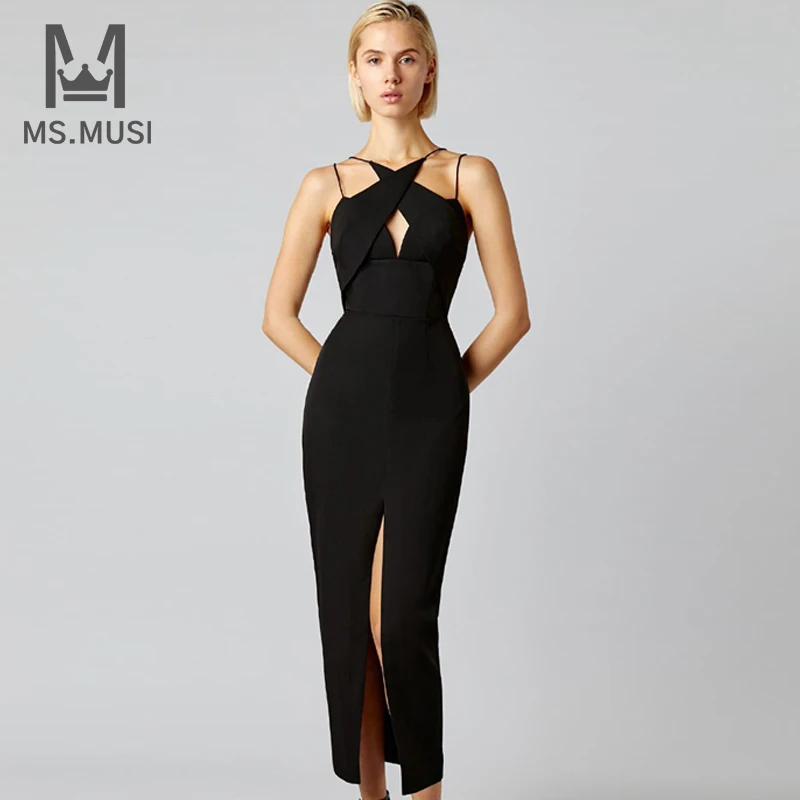 

MSMUSI 2024 New Fashion Women Sexy Strap Halter Sleeveless Hollow Out Backless Bandage Party Club Bodycon Midi Dress Vestidos