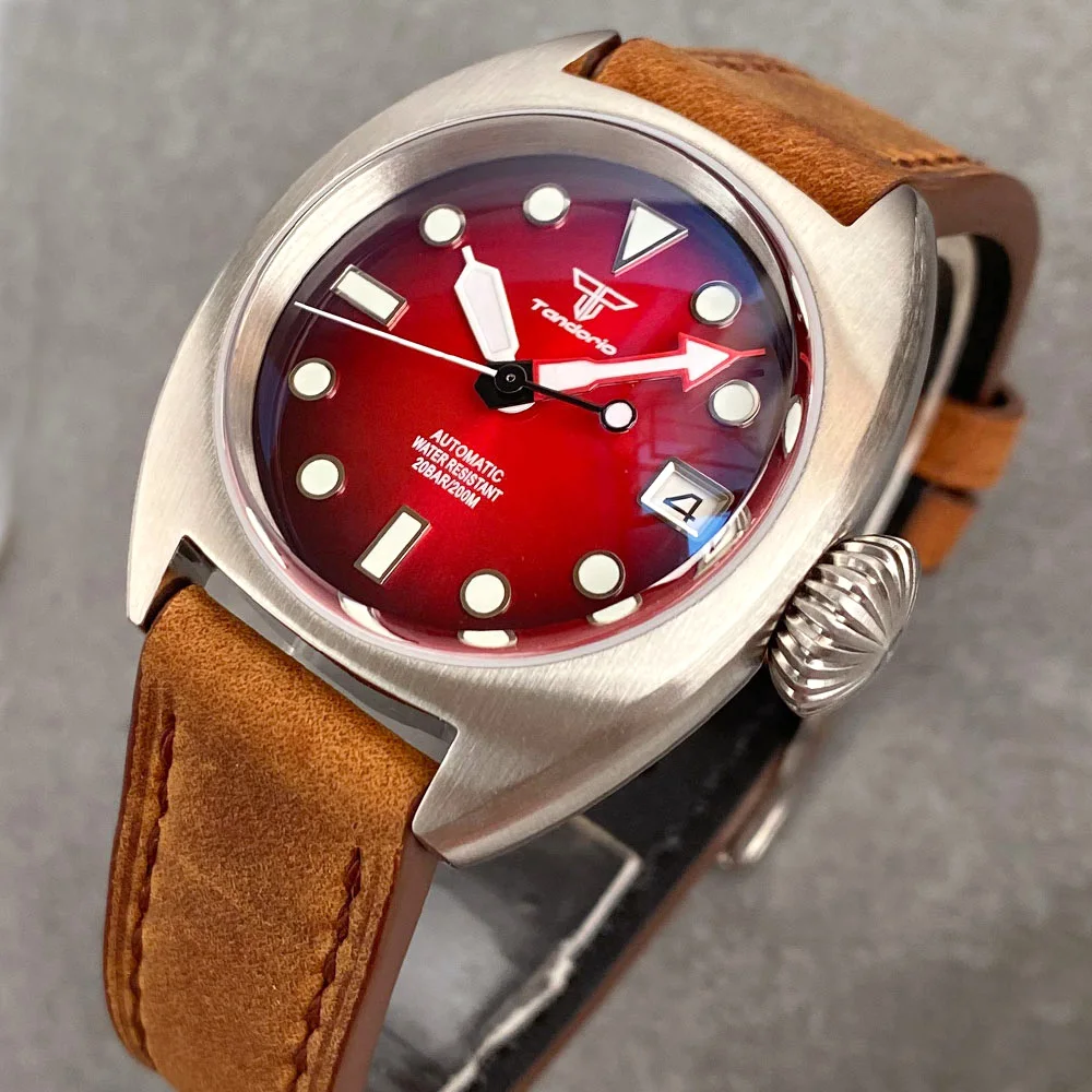 Tandorio NH35 Domed AR Sapphire 36mm Mechanical Watch Men 200M Dive Wristwatch Lume Red Green Dial Leather Band Sport Clock