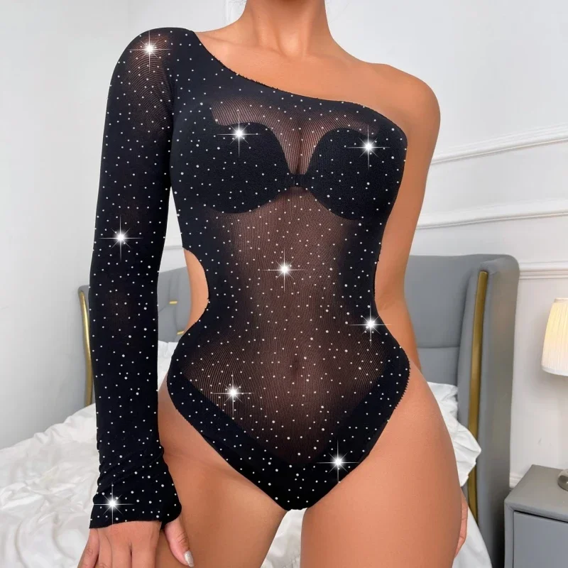 Body Sexy de rejilla de una pieza con diamantes de imitación para mujer, ropa interior Sexy de peluche, mono transparente de manga única con diamantes de cristal, lencería