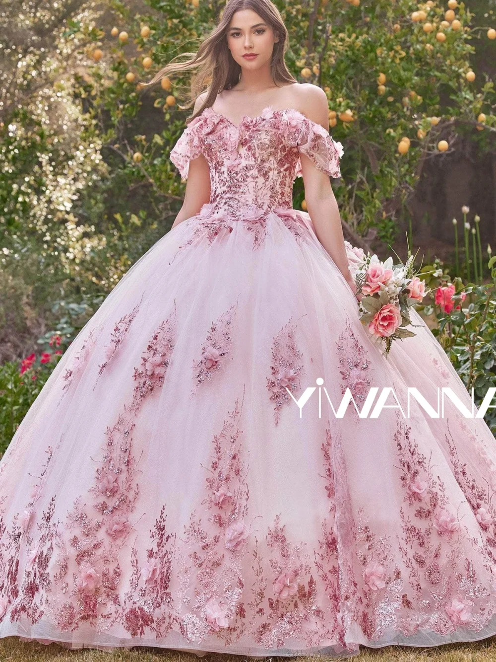 

Blush Pink Off Shoulder Prom Dress 2025 Princess Ball Gown 3D Floral Sequin Tulle Evening Formal Quinceanera Gown Custom Size