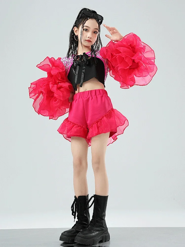 Concert Stage Performance Wear Girls Jazz Dance Costume Red Puff sleeves Sequin Tops Shorts Suit Kids Hip Hop Dance Clothes