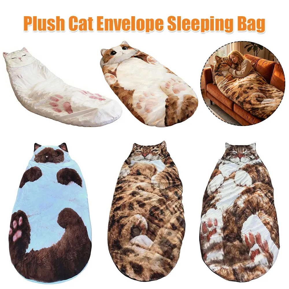 大人用ぬいぐるみ猫型寝袋-175x80cm-ソフトで暖かい生地-洗濯機で洗える-キャンプ、お泊り、自宅でのくつろぎに