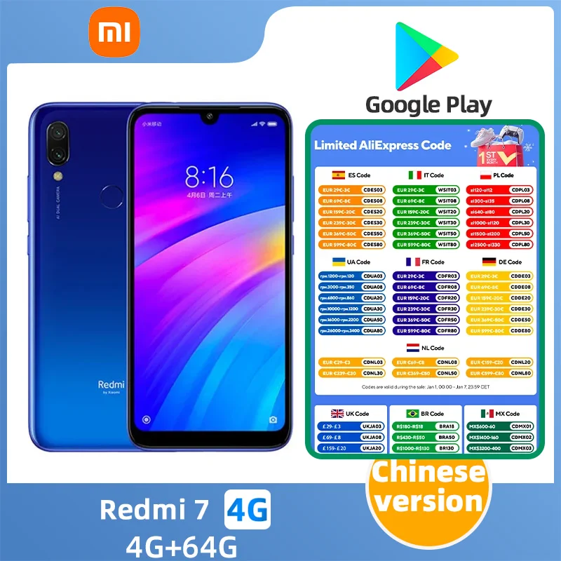 xiaomi Redmi 7 Android 4G Unlocked 6.26 inch 4GB RAM 64GB ROM All Colours in Good Condition Original Cell phone