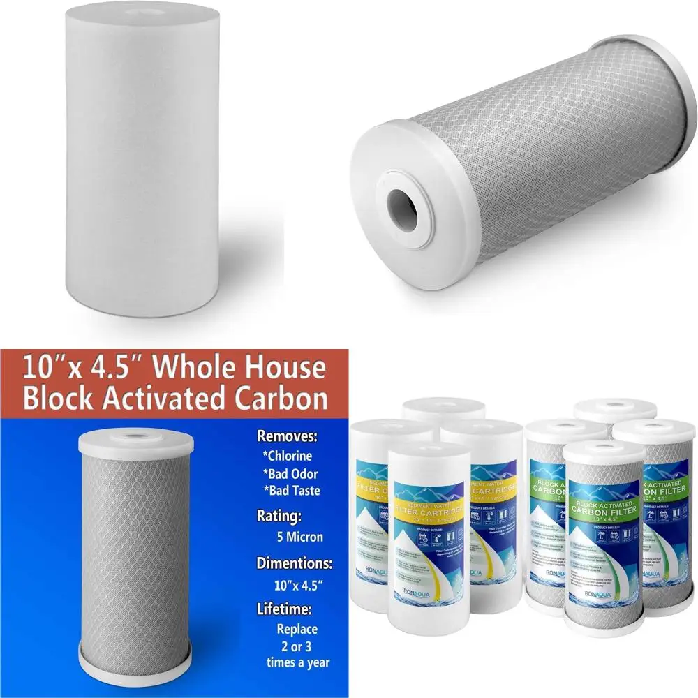 

4 высокоэффективных угольных фильтра и 4 больших полипропиленовых осадочных фильтра 5 микрон 4,5 x 10 для систем очистки воды для всего дома