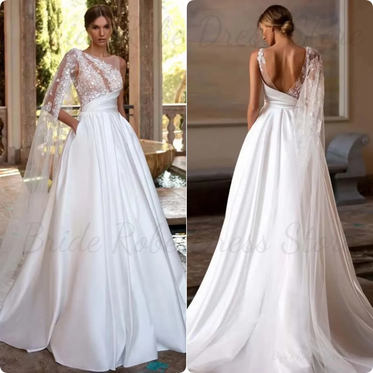 Niestandardowa linia A koronkowa suknia ślubna w stylu boho z odkrytymi plecami z kieszenią pasek wstążka aplikacje jedno ramię suknia ślubna O-neck Vestido De