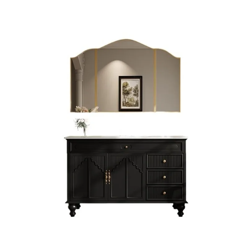 Integrated basin French retro style floor-to-ceiling rubber wood three-fold smart mirror bathroom cabinet