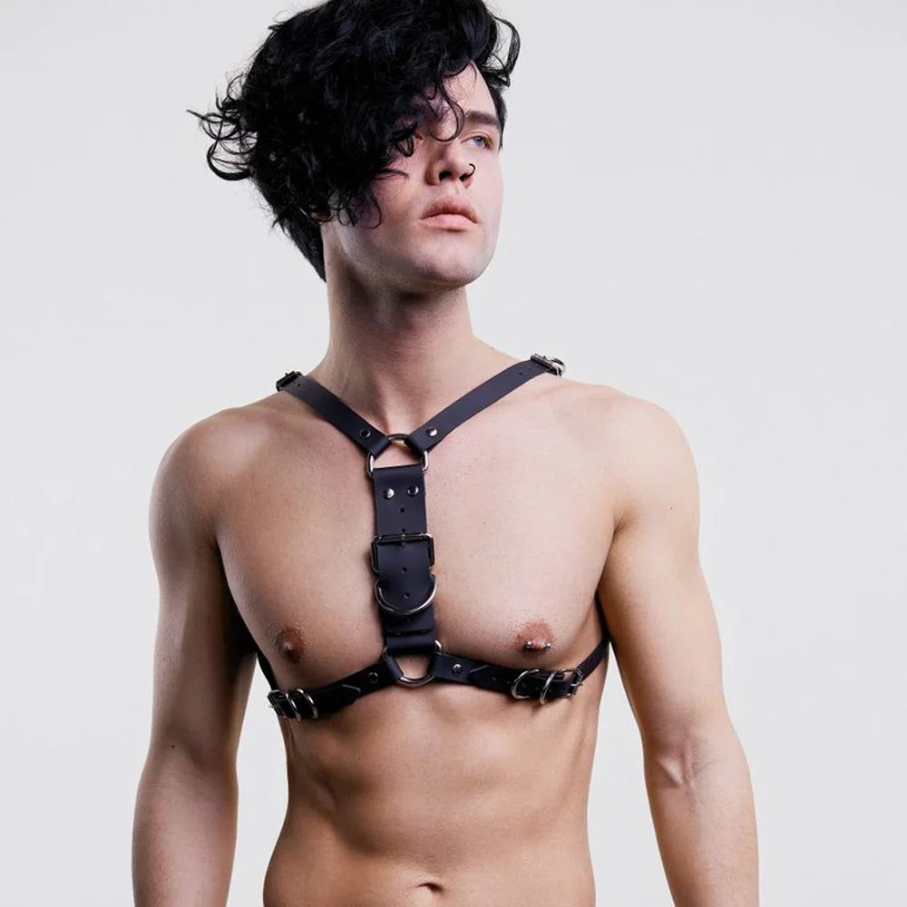 Gay Punk Sexy breast Harness Men Open-chested Genu Leather Harness Vest Starps Male Mature Leather Shoulder Belts Body Bondage view 3