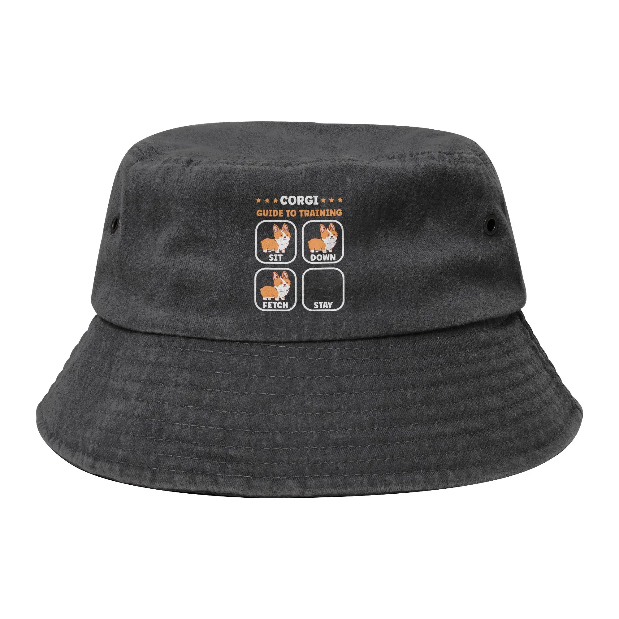 Unisex Distressed Denim Bucket Hats Funny Corgi Guide to Trainig Dog Sport Fishing Hats  Bob Hat Gifts Idea