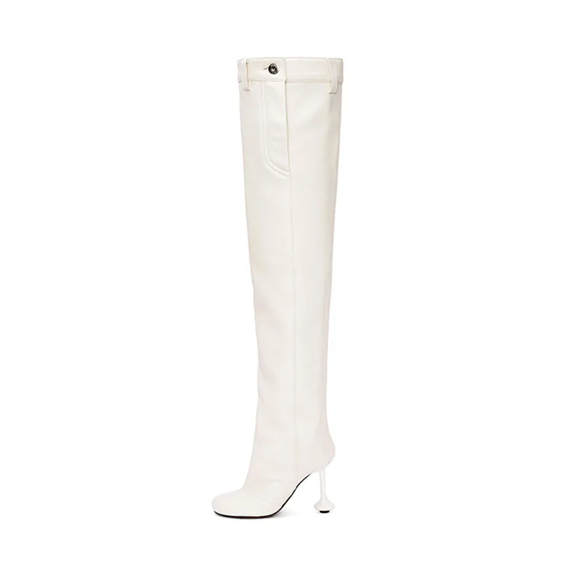 Arden Furtado 2024 Strange Style heel Thigh high boots Round toe Super high heel Patchwork Slip-on Pleated Modern boots