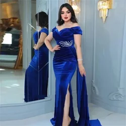 New Royal Blue Mother Dresses Elegant Off-Shoulder Short Sleeves Lace Appliques Mermaid Velour Wedding Party Dress Formal Dress