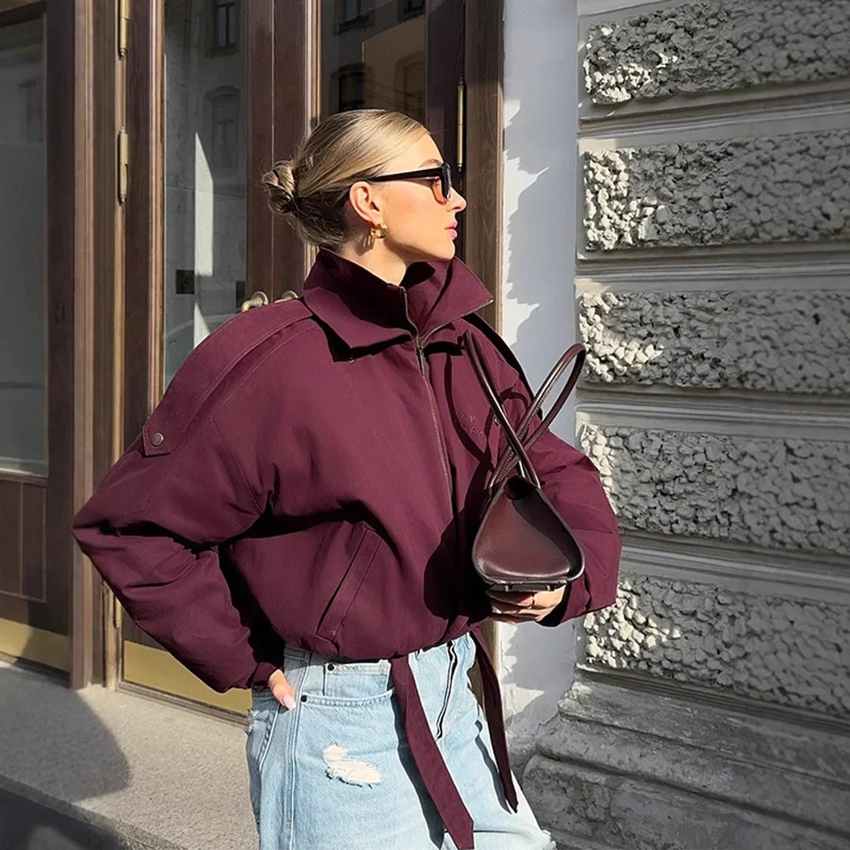 2025 New Women Burgundy Stand Collar Short Loose Casual Versatile Outerwear Street Style Multi Color Options