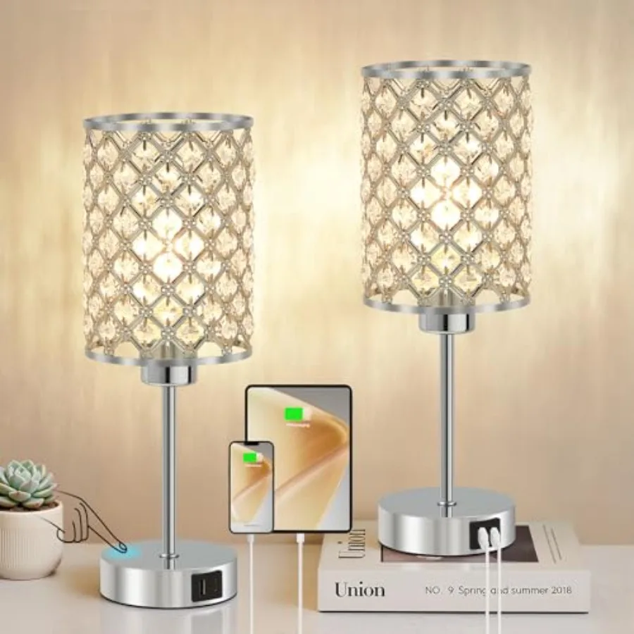 

Set of Crystal Touch Table Lamps for Bedroom, Dimmable Modern Bedside Lamps with USB-C and USB-A Ports, Nightstand Desk Lamps f