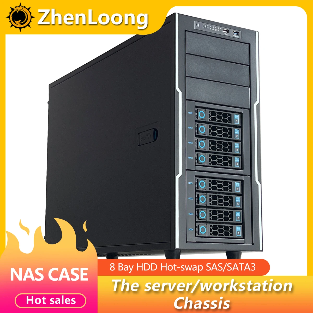 ZhenLoong full tower 8 bay hot-swap hard drive SAS SATA NAS case server GPU Graphic workstation chassis 12Gb backplane SFF8643