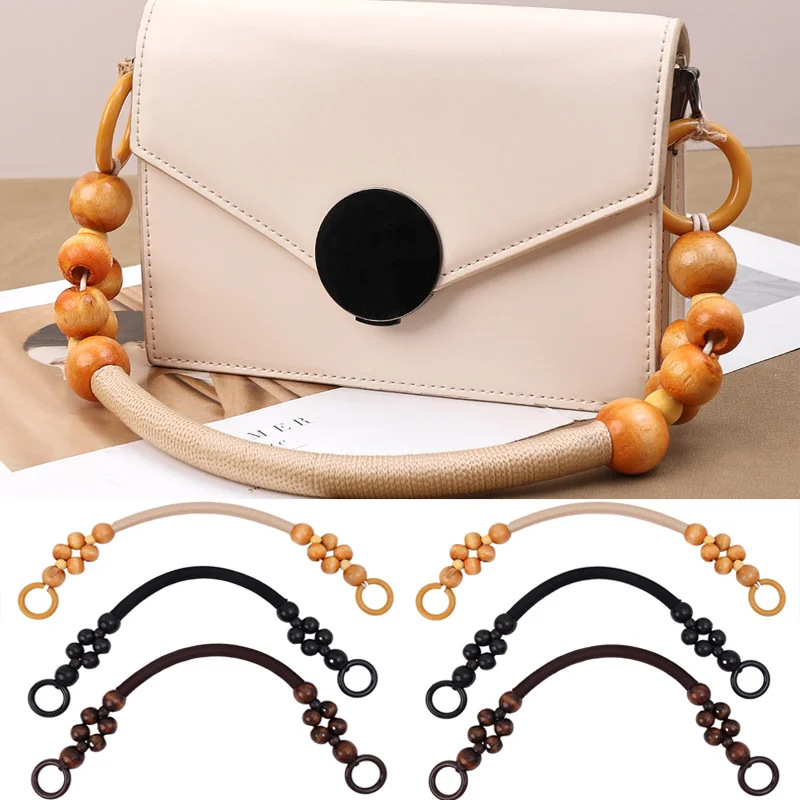 

1pc DIY Braided Nylon Handbag Handle Nylon Rope Handbag Strap Wooden Bead Handles Bag Accessories Wood Purse Handle Replacement