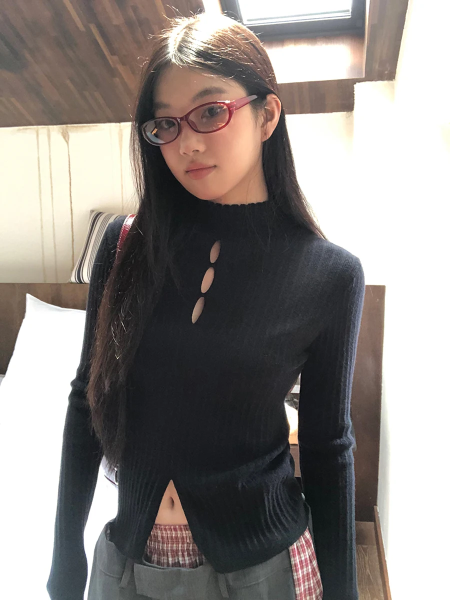 سترة محبوكة بياقة عالية وأكمام طويلة للنساء، ملابس داخلية سوداء لموسم الخريف، مريحة وذات تصميم عصري #3