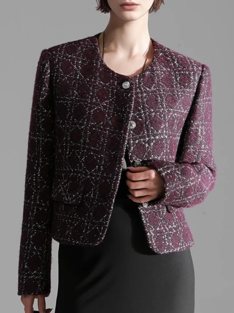 ZMEENNA Elegante marineblaue Tweed-Jacke für Damen, kurzer Mantel, ausgefranste Besatzknöpfe, lange Ärmel, Rundhalsausschnitt, Oberbekleidung ZM4340