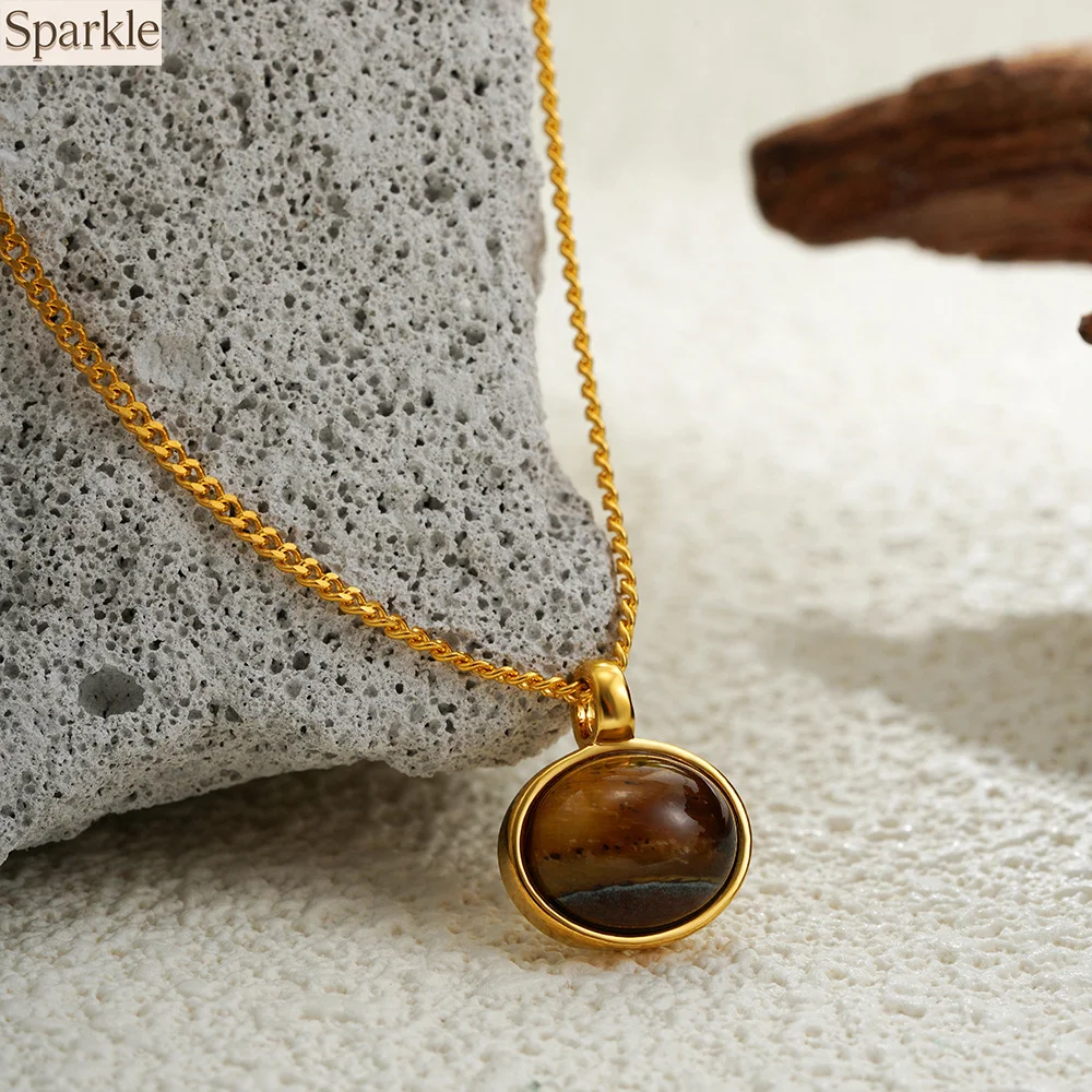

18K Gold-Plated Tiger's Eye Stone Oval Pendant Necklace for Women Elegant Neck Jewelry Girls Gift Neck Chain Free Shipping