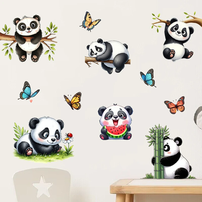 Cartoon Baby Panda Eating Watermelon Bamboos 3D Wall Art Vinyl Stickers Home Decoration Wallpaper for Living Room Kids Bedroom